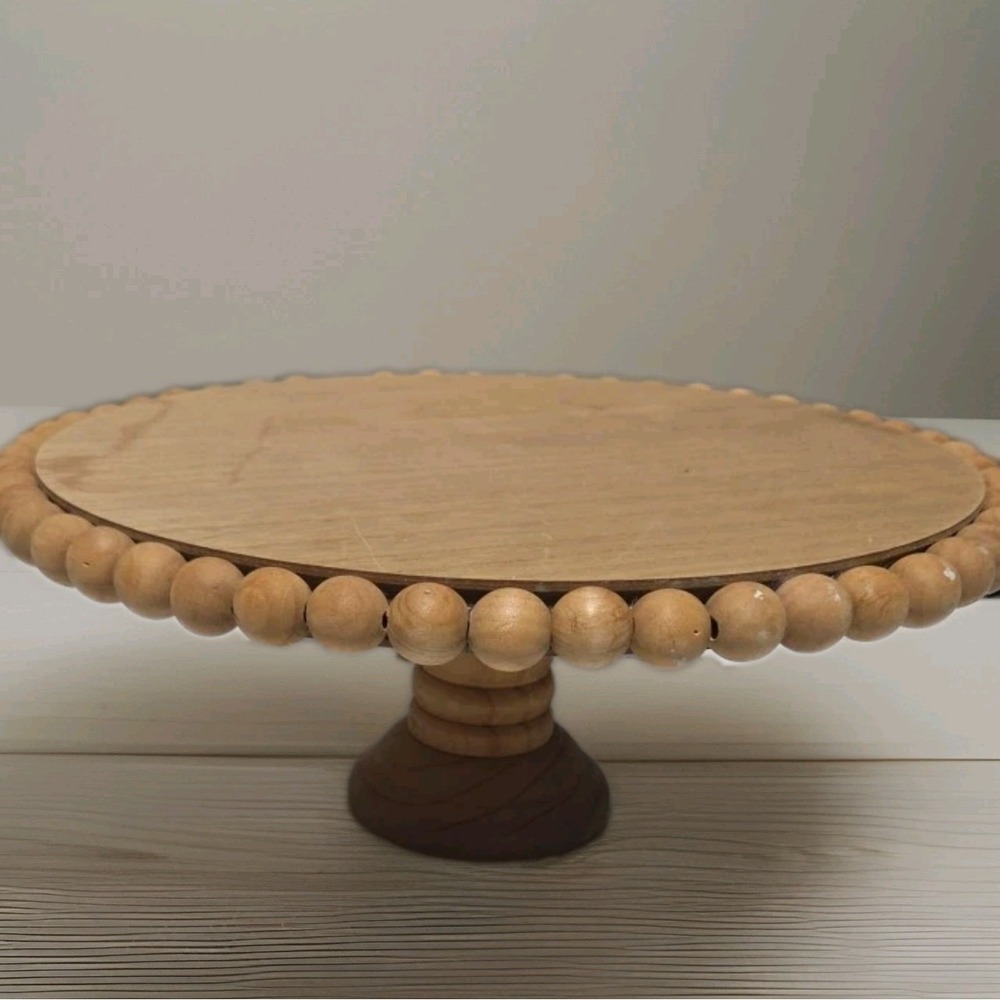 Cake Stand Round Beaded Pedestal Wooden Farmhouse Dessert 10"w 3 3/4 " Tall